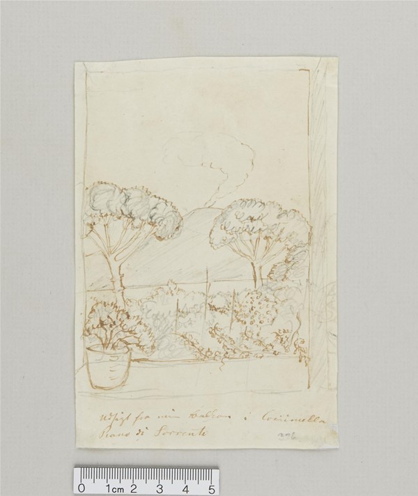 H.C. Andersen-tegning: Udsigt fra min Balkon i Cocumella Piano di Sorrento (Tegning i blæk og blyant)